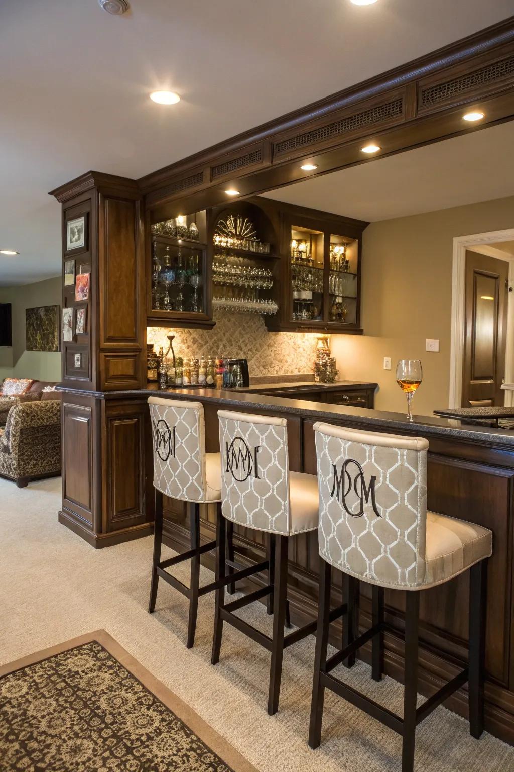 Personal touches such as custom barstools make this space welcoming.