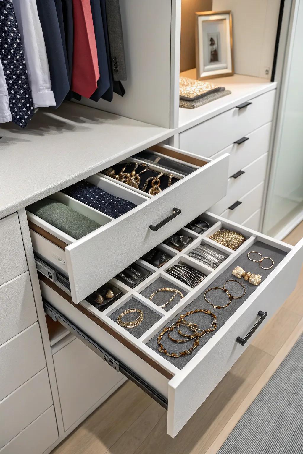 Customizable drawer layouts keep small items meticulously organized.