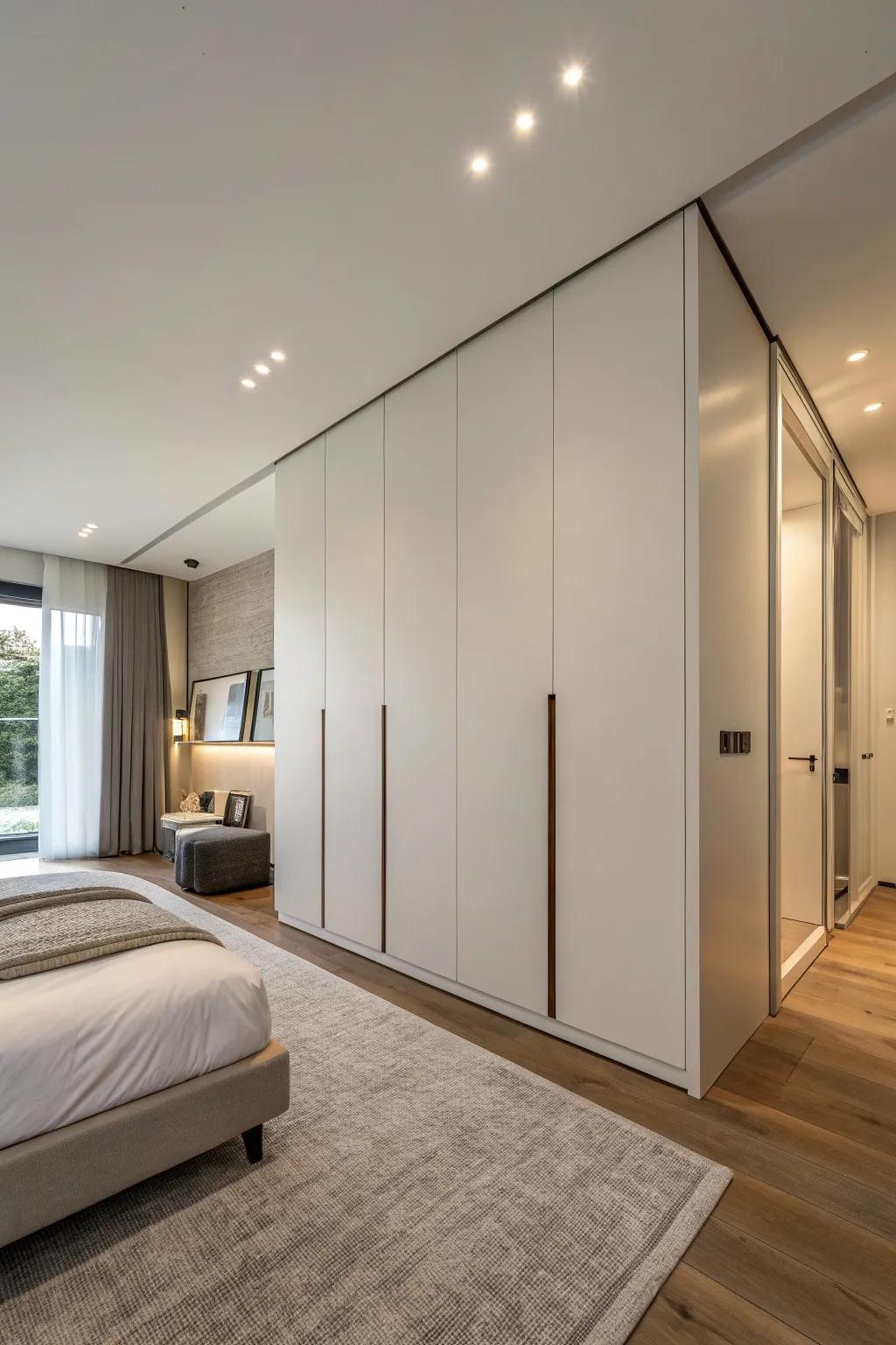 A minimalist wardrobe blueprint featuring concealed entryways, engendering a pristine, streamlined aura.