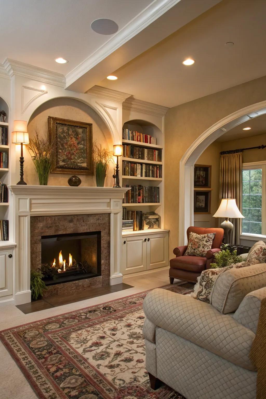 Vaulted conceptions introduce grace and softness to fireplace built-ins.