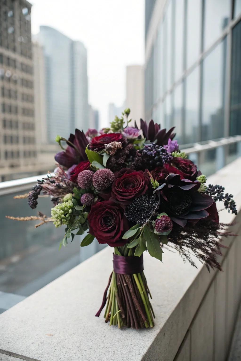 Brooding bouquet featuring burgundy, purple, and ebony flowers.