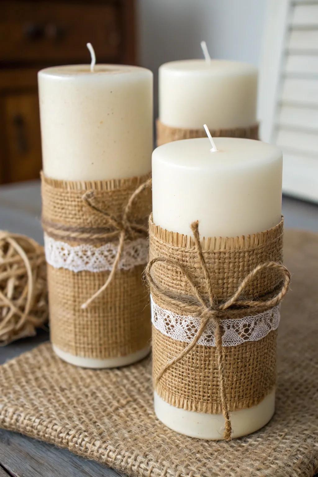 Hessian jackets add a hint of coziness to candles.