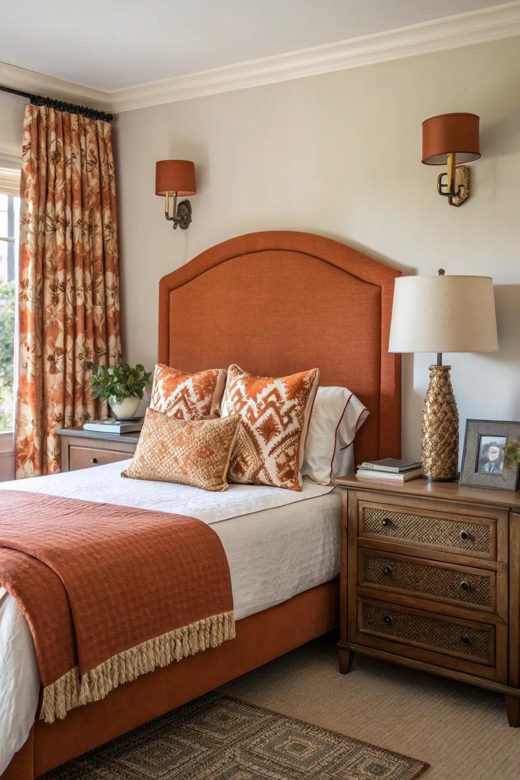A bold burnt orange headboard creates an inviting, luxurious atmosphere.