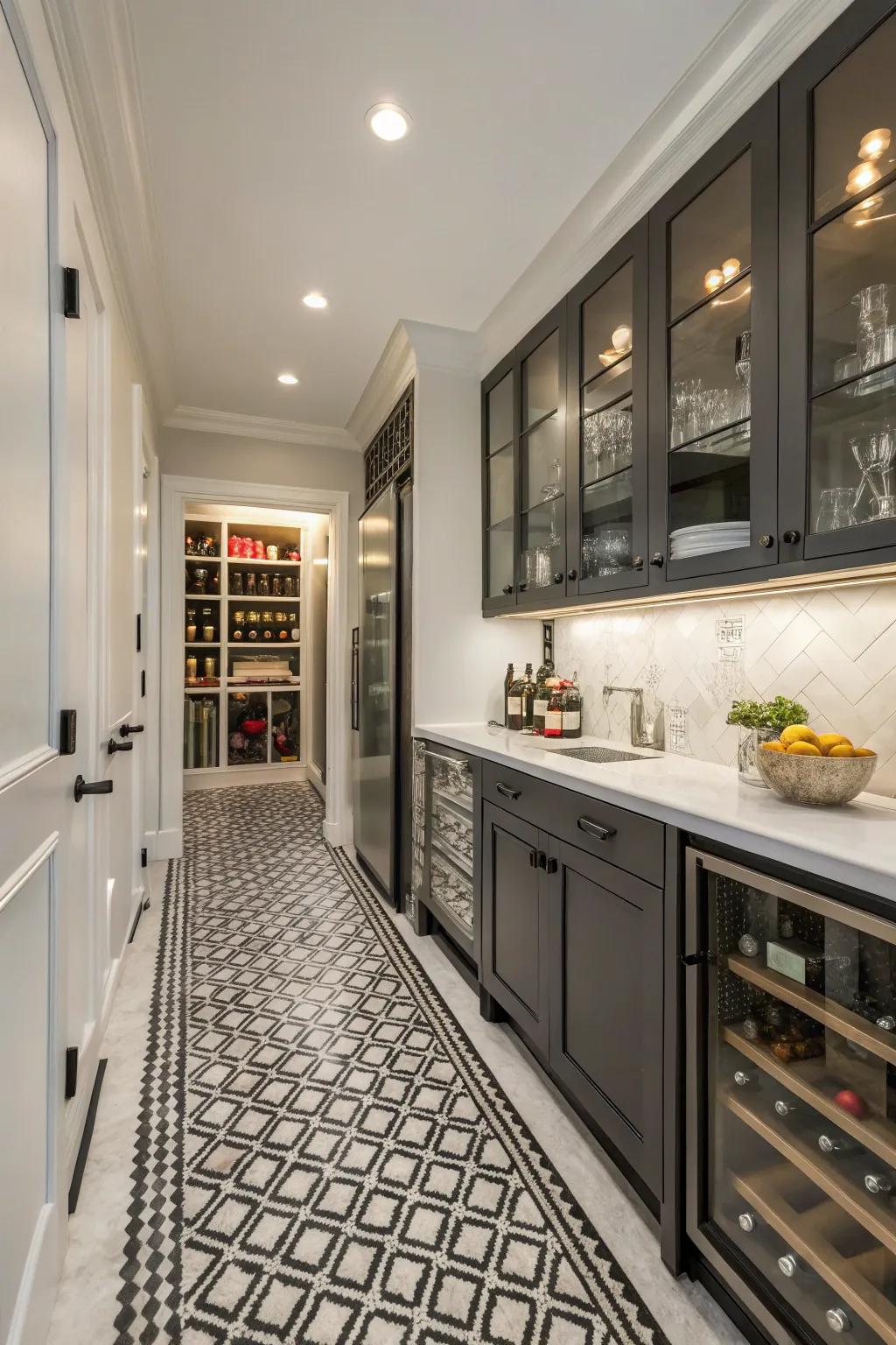 An elegant service space featuring patterned flooring for a designer appearance.