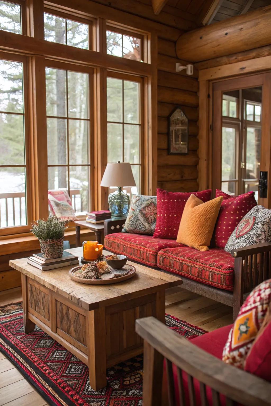 Vibrant tone accents enlivening a cabin