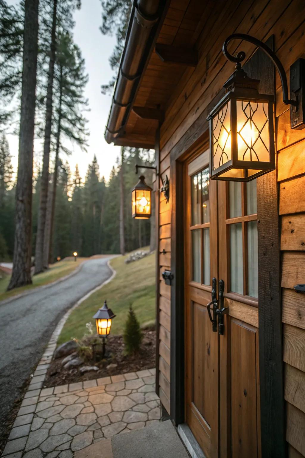 Outdoor lanterns adding a welcoming touch to a cabin entrance.
