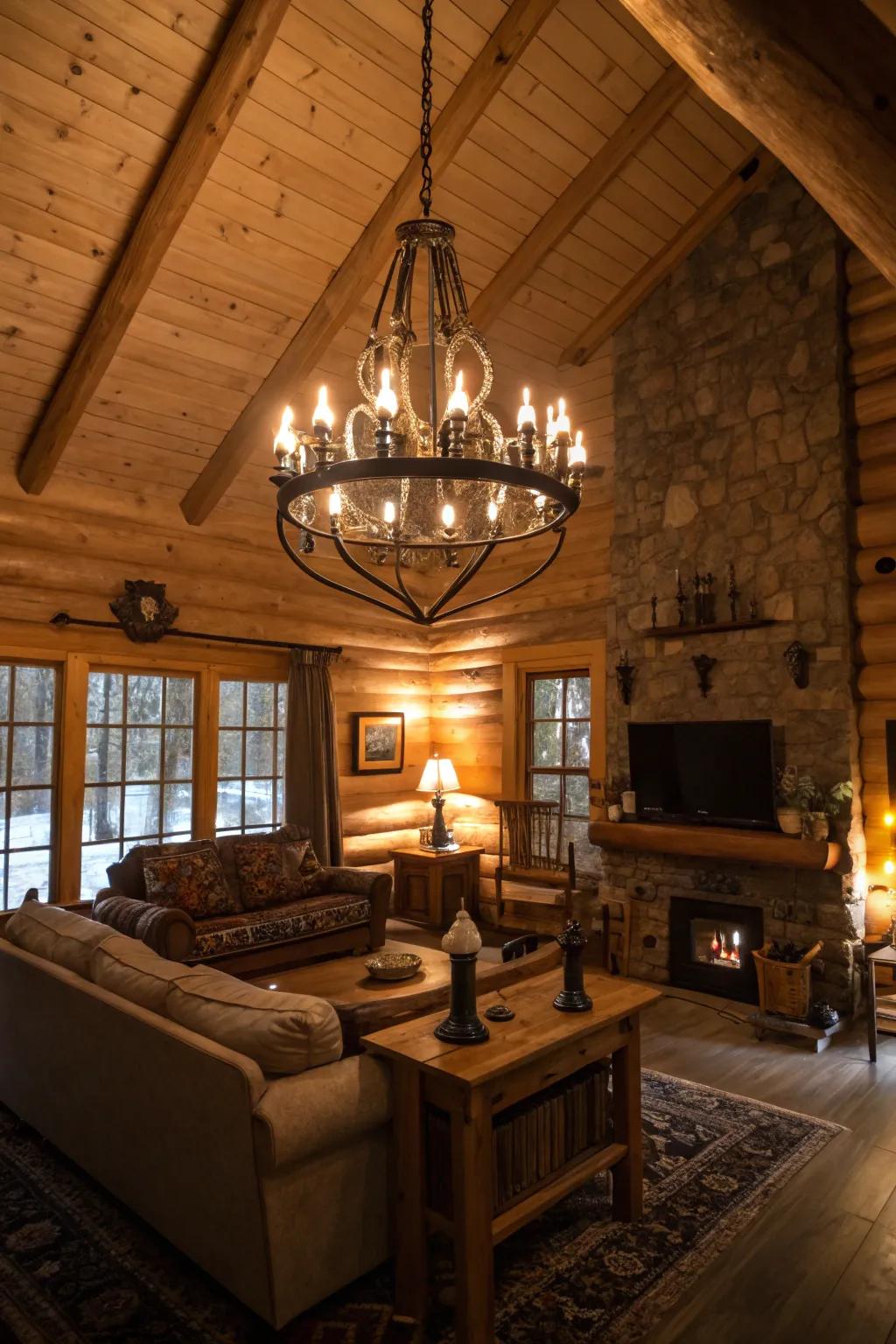 Statement lighting produces a warm glow in this cabin living area.