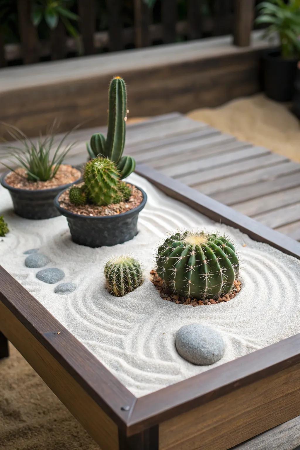 A stillness garden featuring cacti delivers a serene and composed centerpiece.