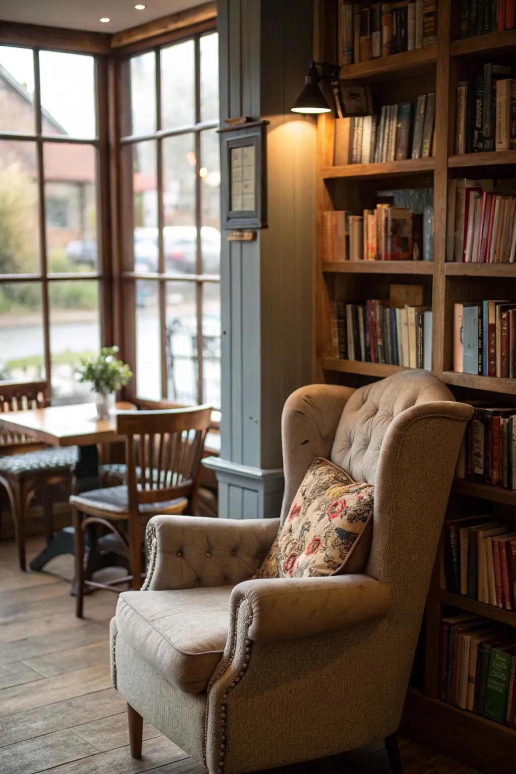 A reading corner provides a peaceful haven in your home cafe.