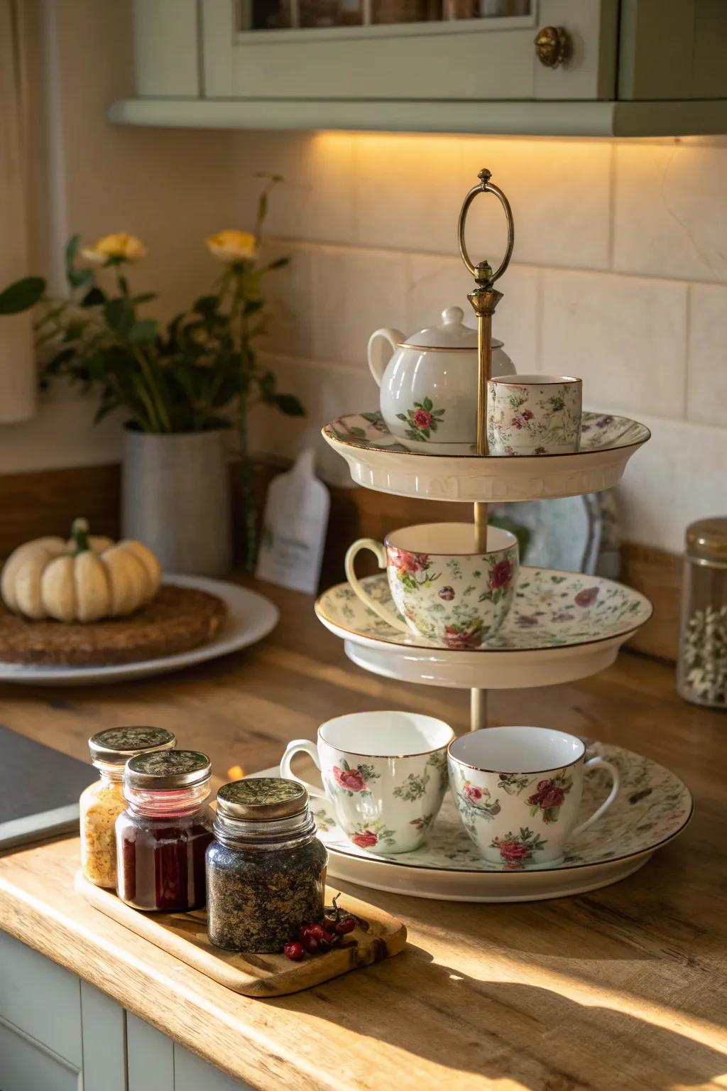 A charming tea station on a cake stand is perfect for entertaining.