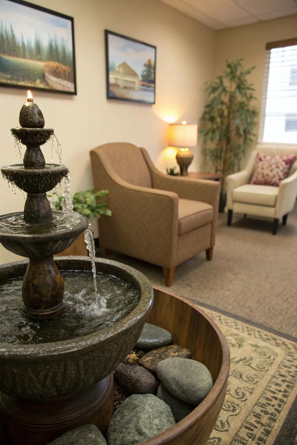A water feature provides soothing sounds.