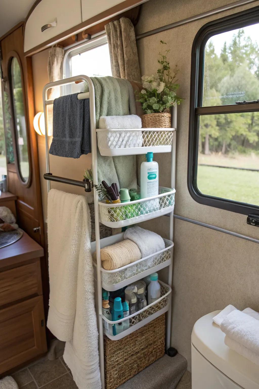 An over-toilet rack uses space efficiently when inside an RV lavatory.