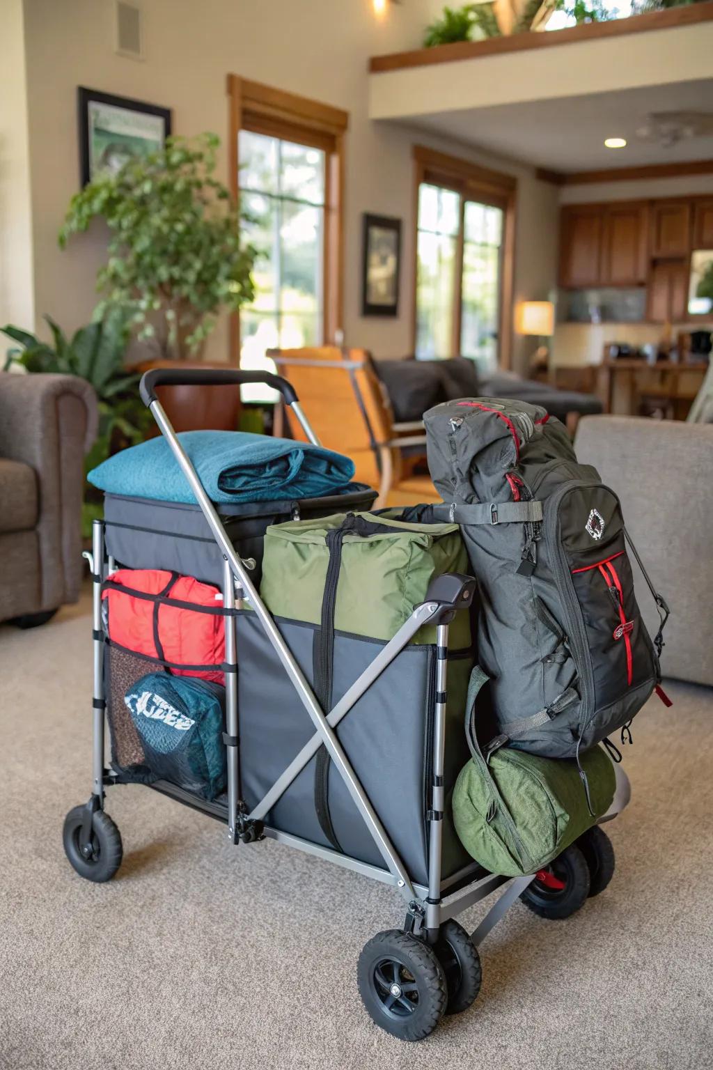 A rolling cart setup delivers flexible and mobile organizing for camping equipment.