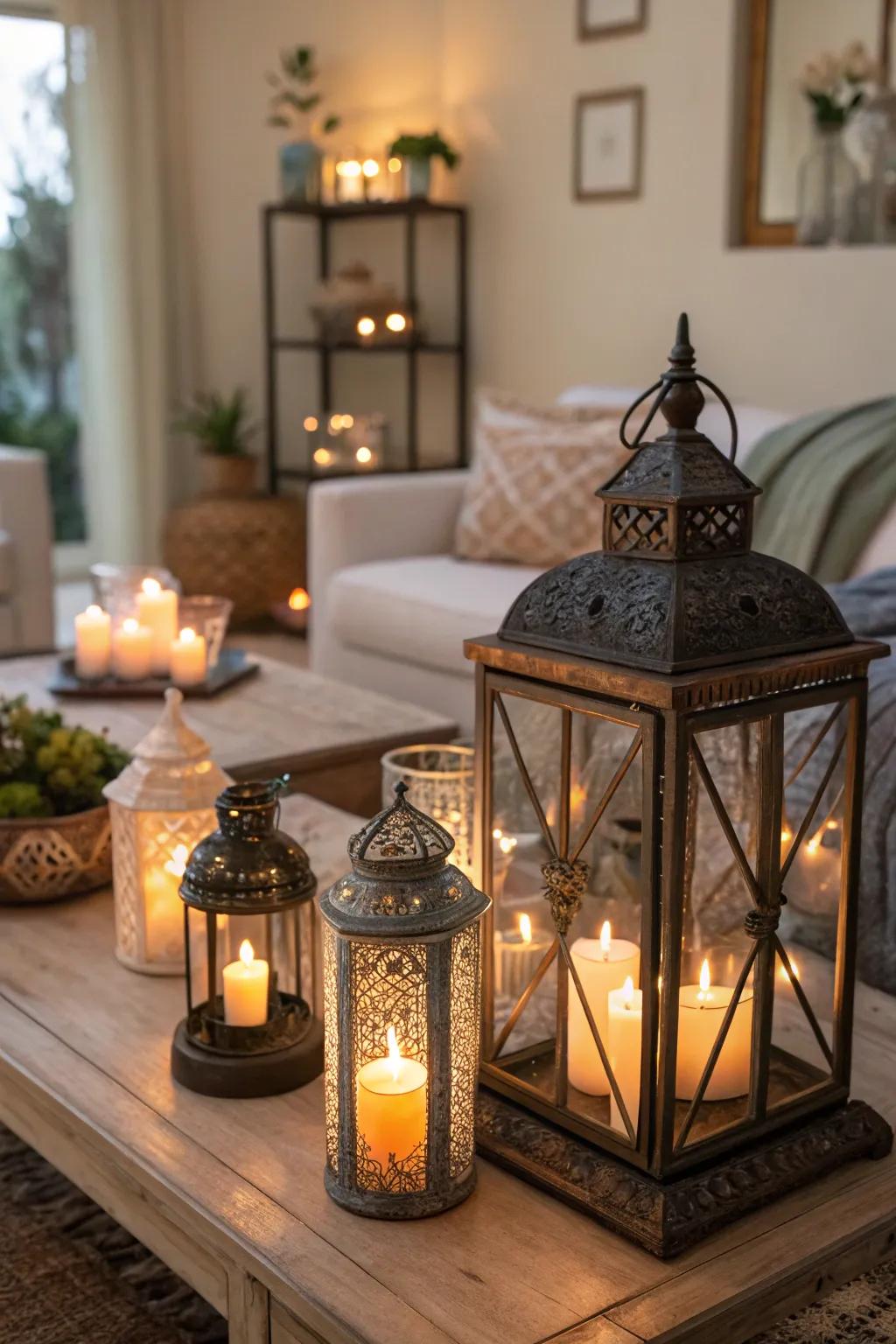 Lanterns filled with candles add a cozy touch to any setting.