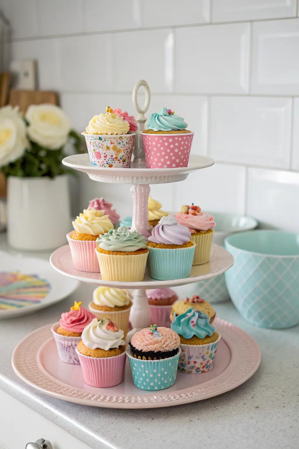 A homemade tiny cake display adds charm and functionality.