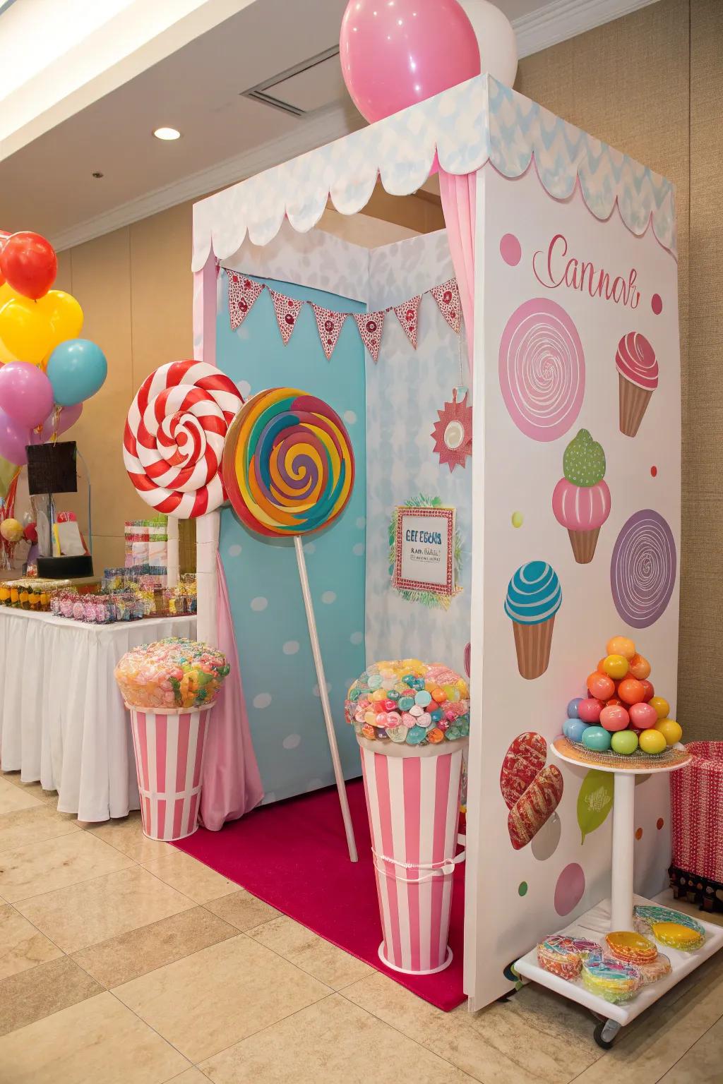 A candy-themed photo booth encourages fun and creativity