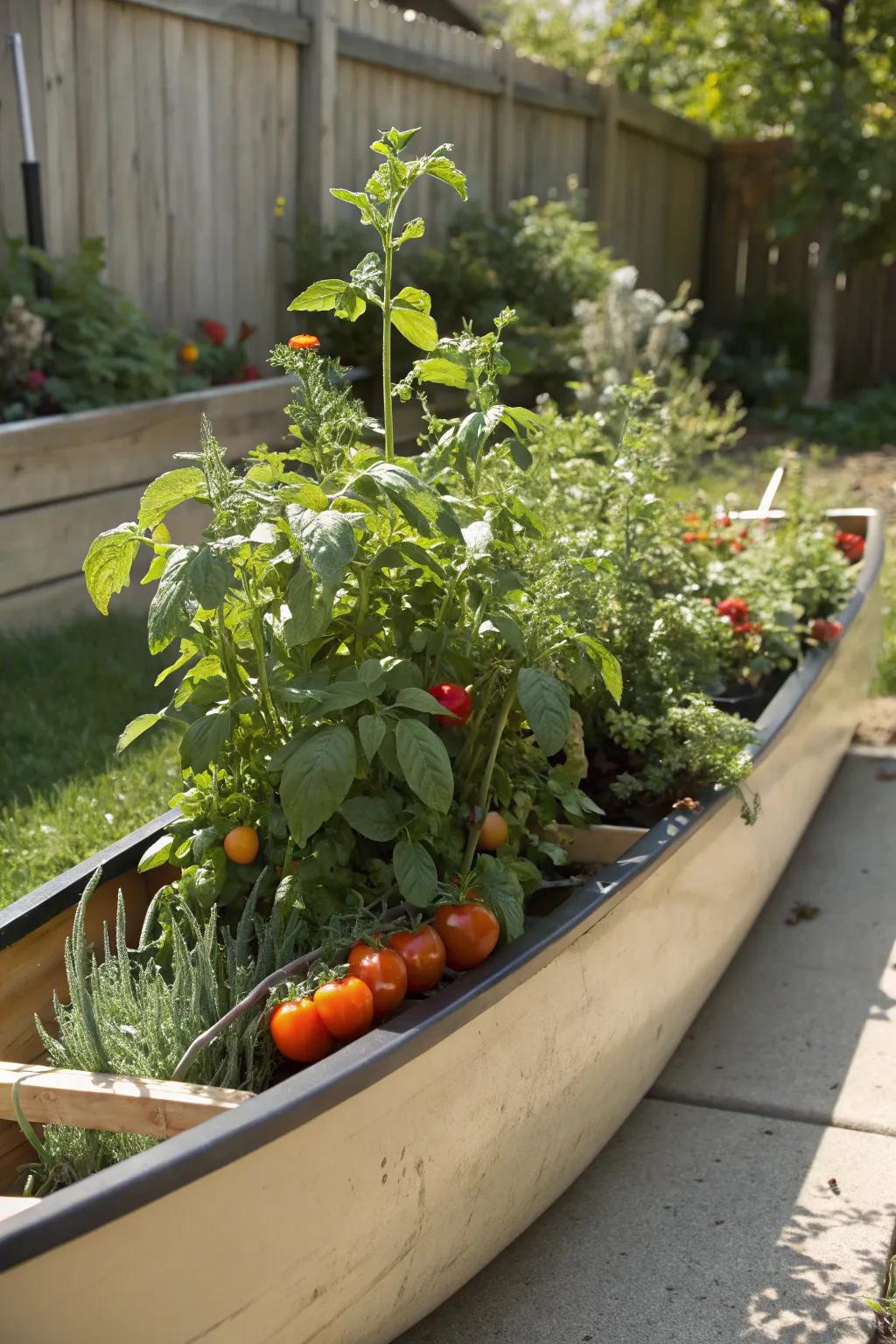 A boat planter serves as a fruitful garden, perfect for growing fresh produce.