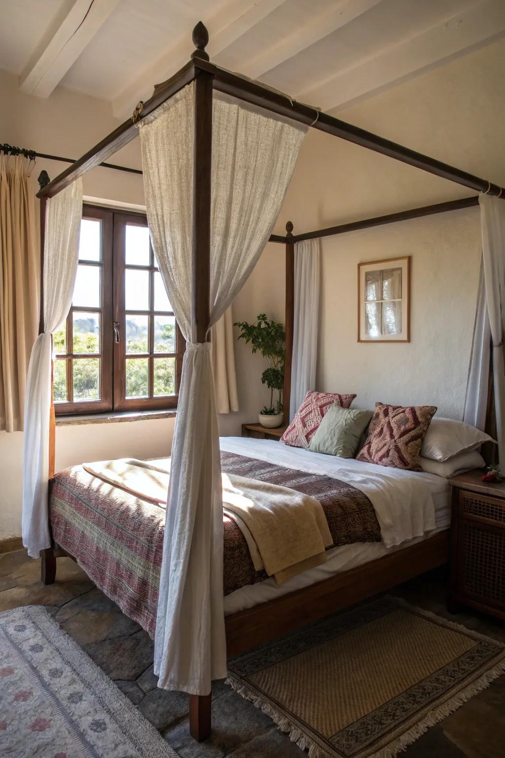 Positioning a draped bed with a window view enhances space.