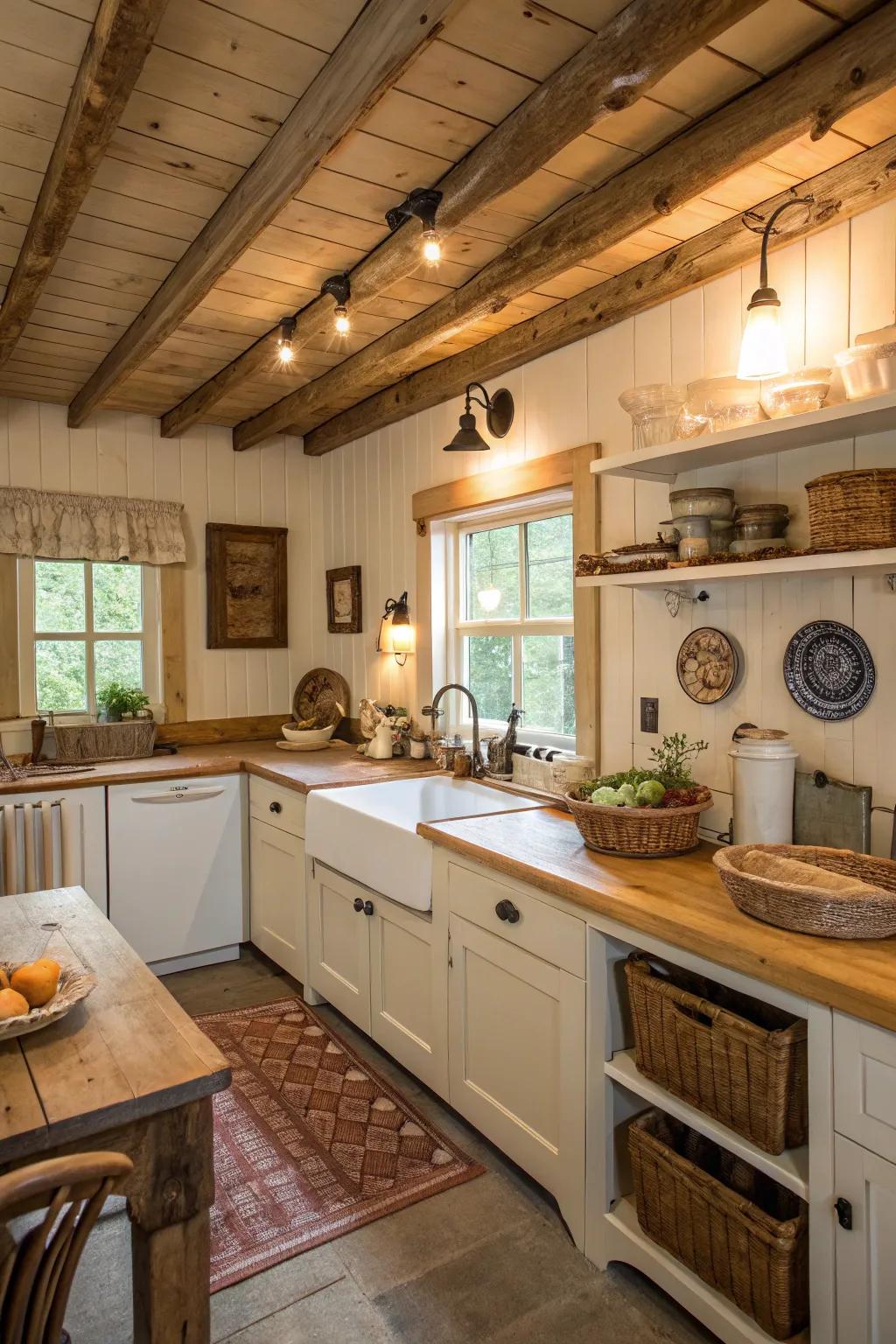 Introduce charm and texture using grooved ceiling panels.