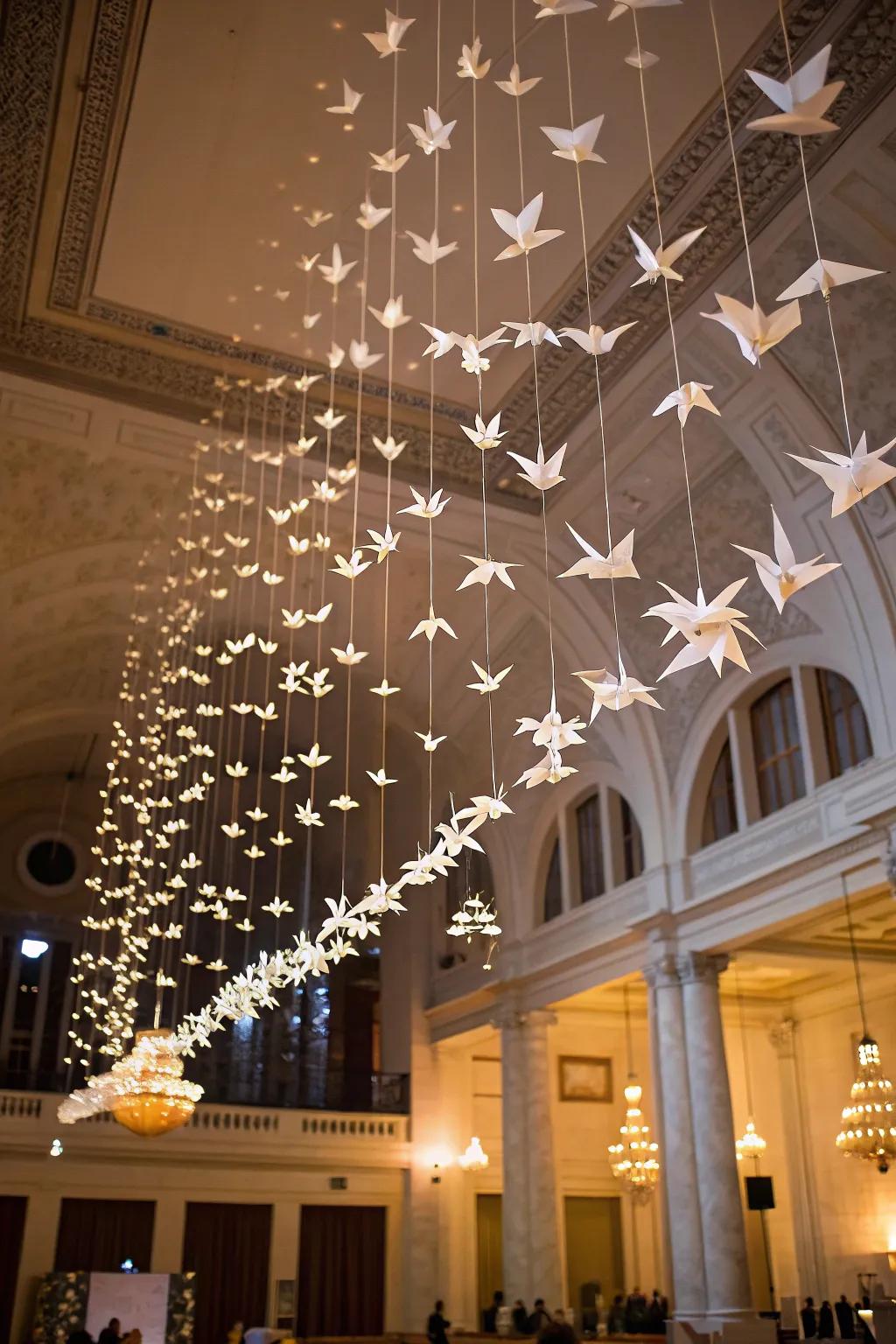 Paper birds contribute whimsical flair.