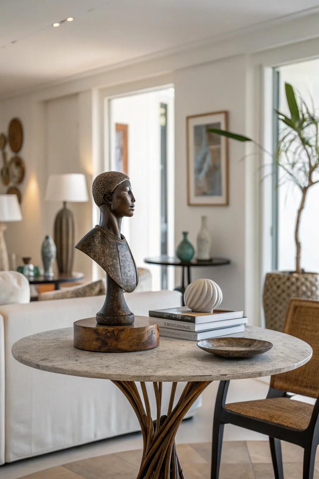 Creative statues offer striking and personal centerpieces.