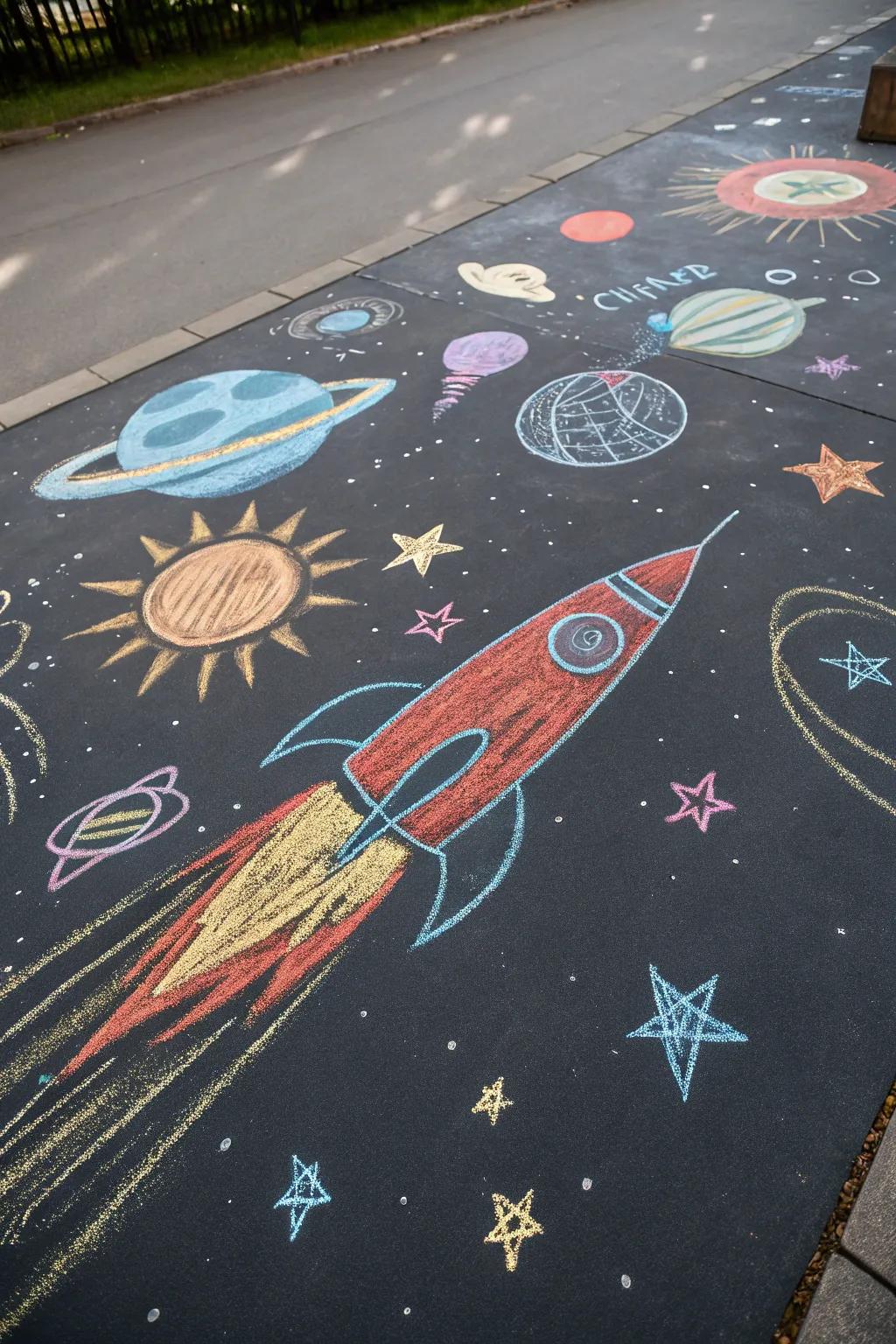 A thrilling space-themed chalk adventure with rockets and stars.