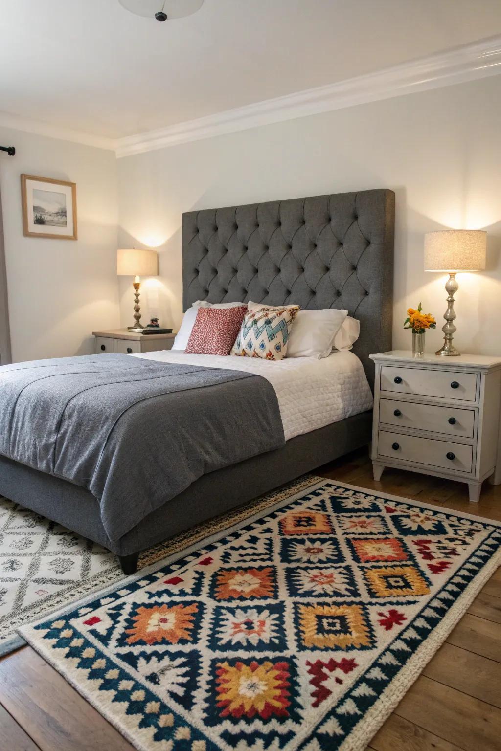 Geometric mosaics introduce modern flair to a grey-themed boudoir.