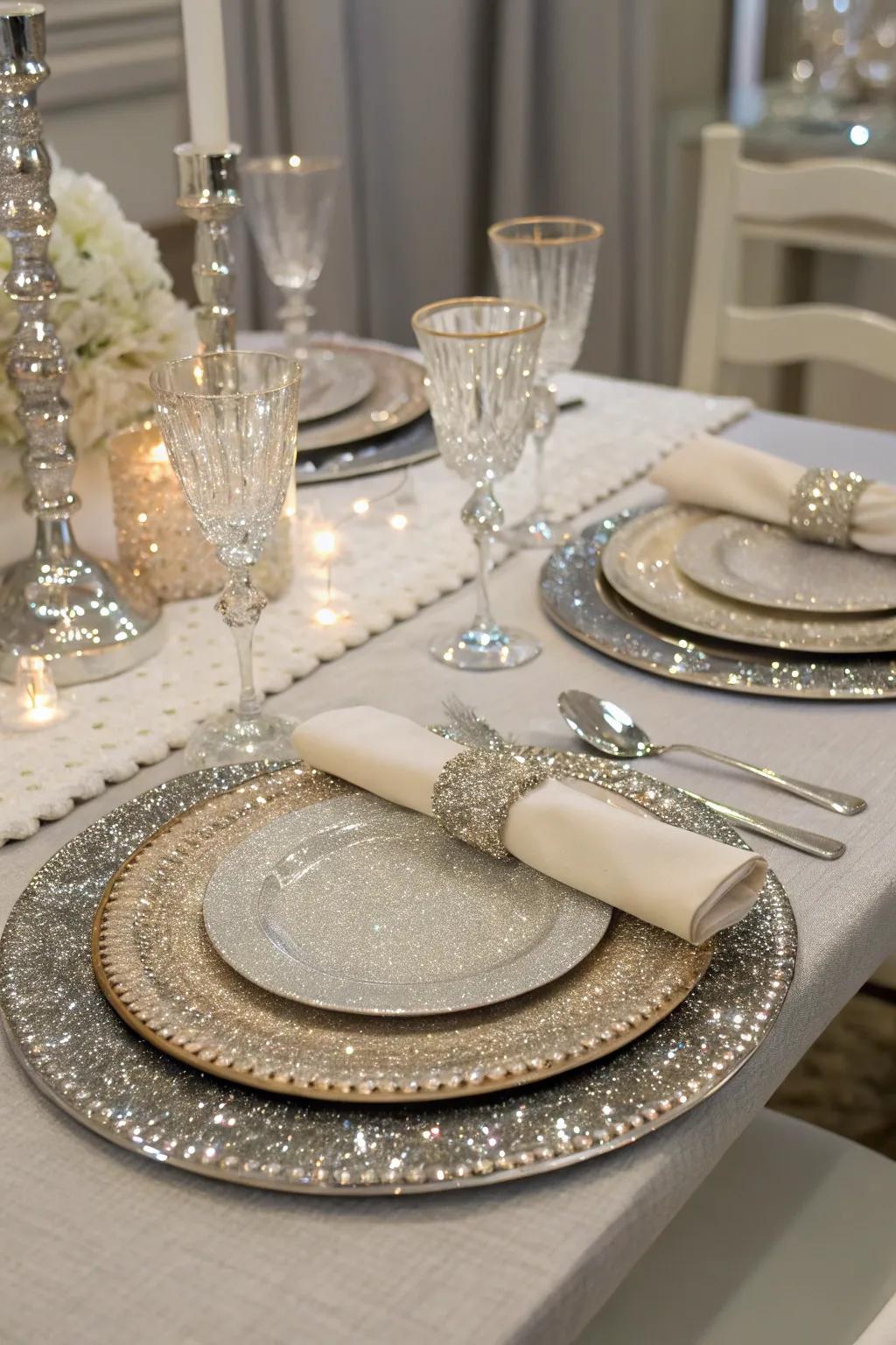 Glamorous chargers create a dazzling, celebratory table atmosphere.