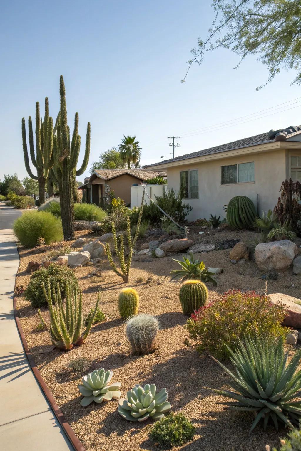 Desert-style landscaping presents an impactful, green panorama.