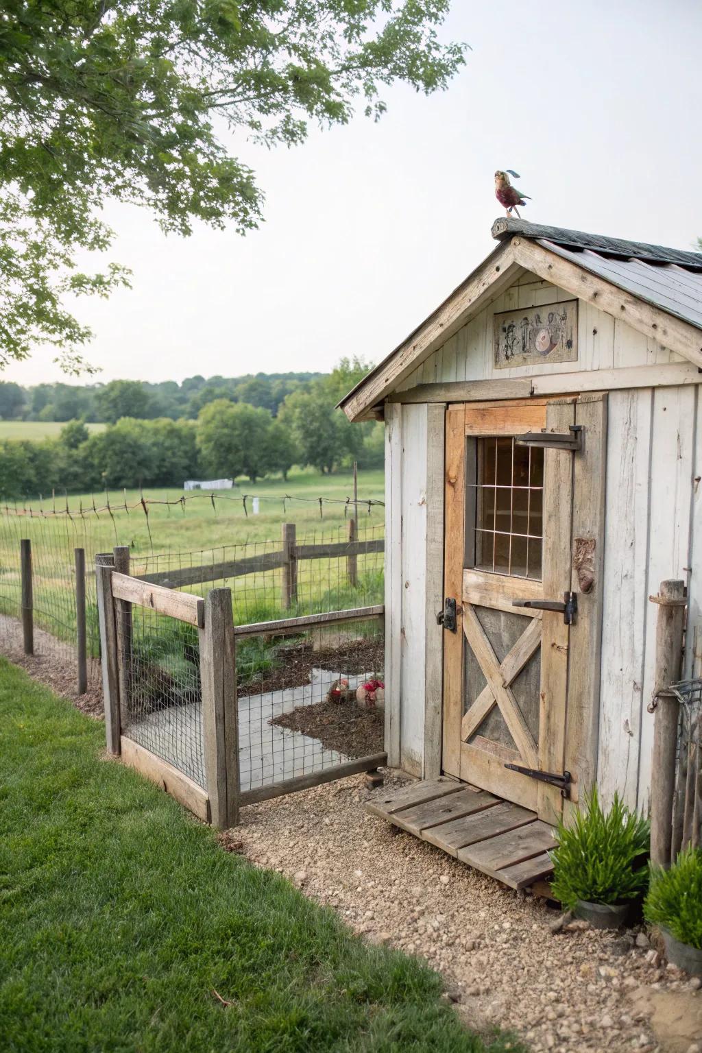 Repurposed materials incorporate unique character to your chicken coop.