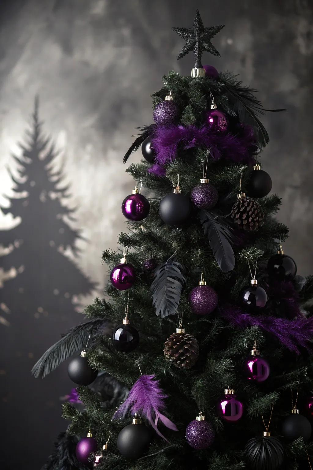 A gothic elegance holiday bauble tree for a bold and striking holiday appearance.