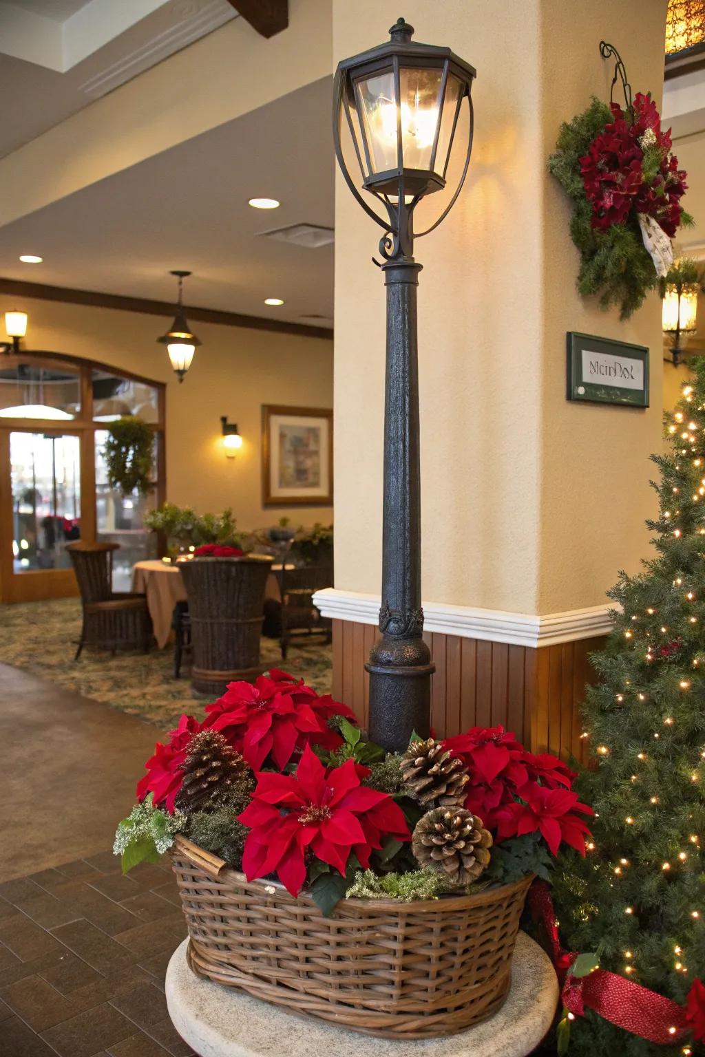 A gift basket infuses charm into the base of a lamp post.