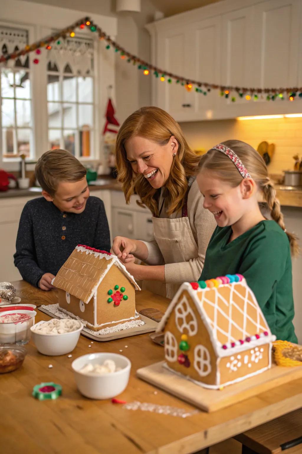 Family having fun ornamenting gingerbread dwellings.