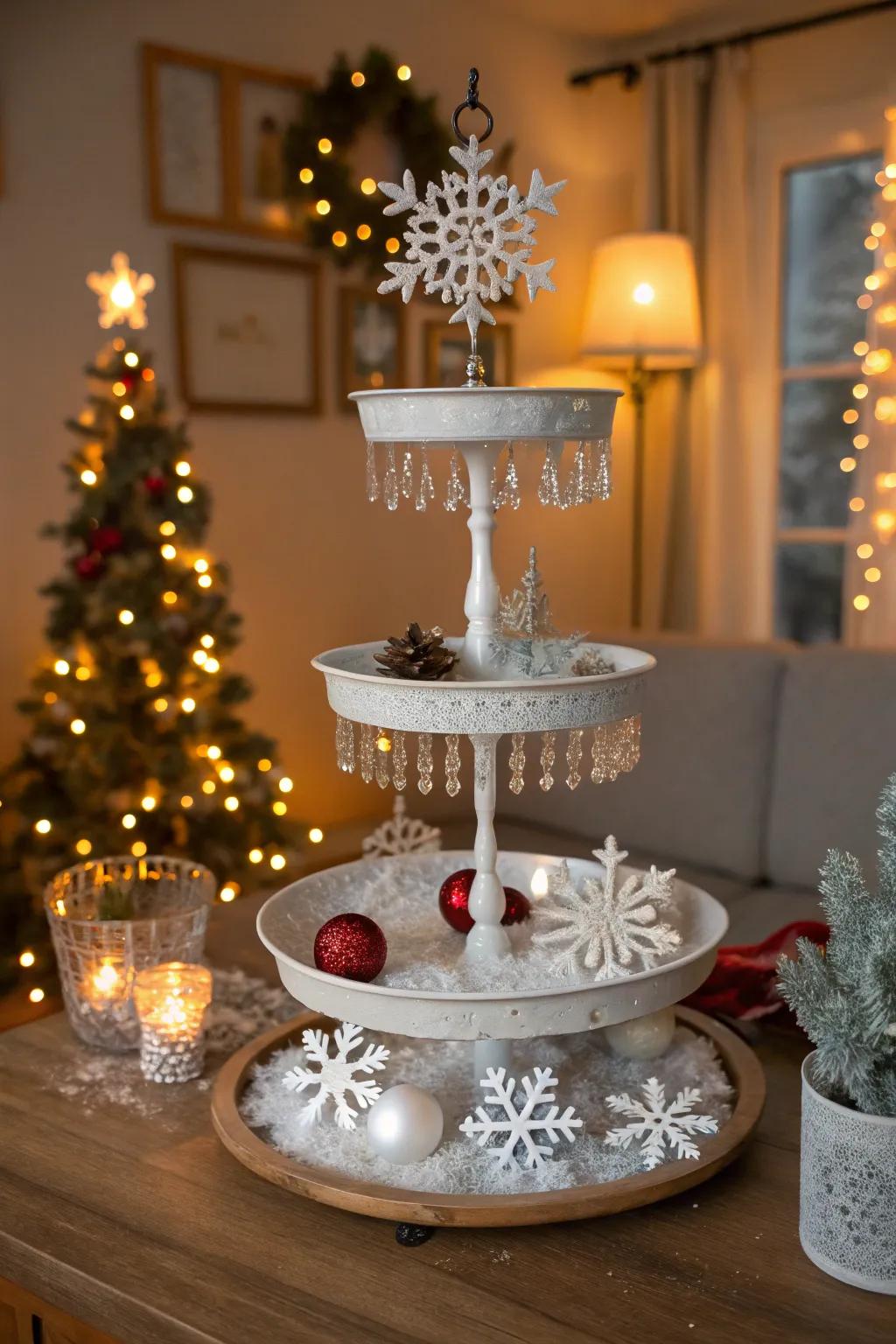 A sparkling icy fairyland on a tiered stand.