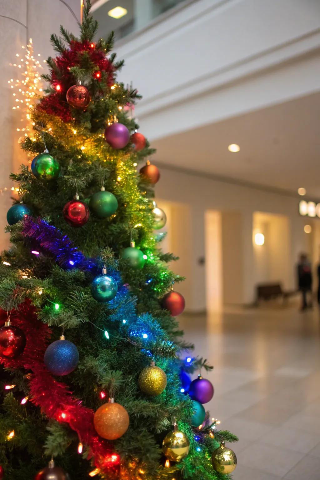A vibrant rainbow Christmas tree full of festive gaiety.