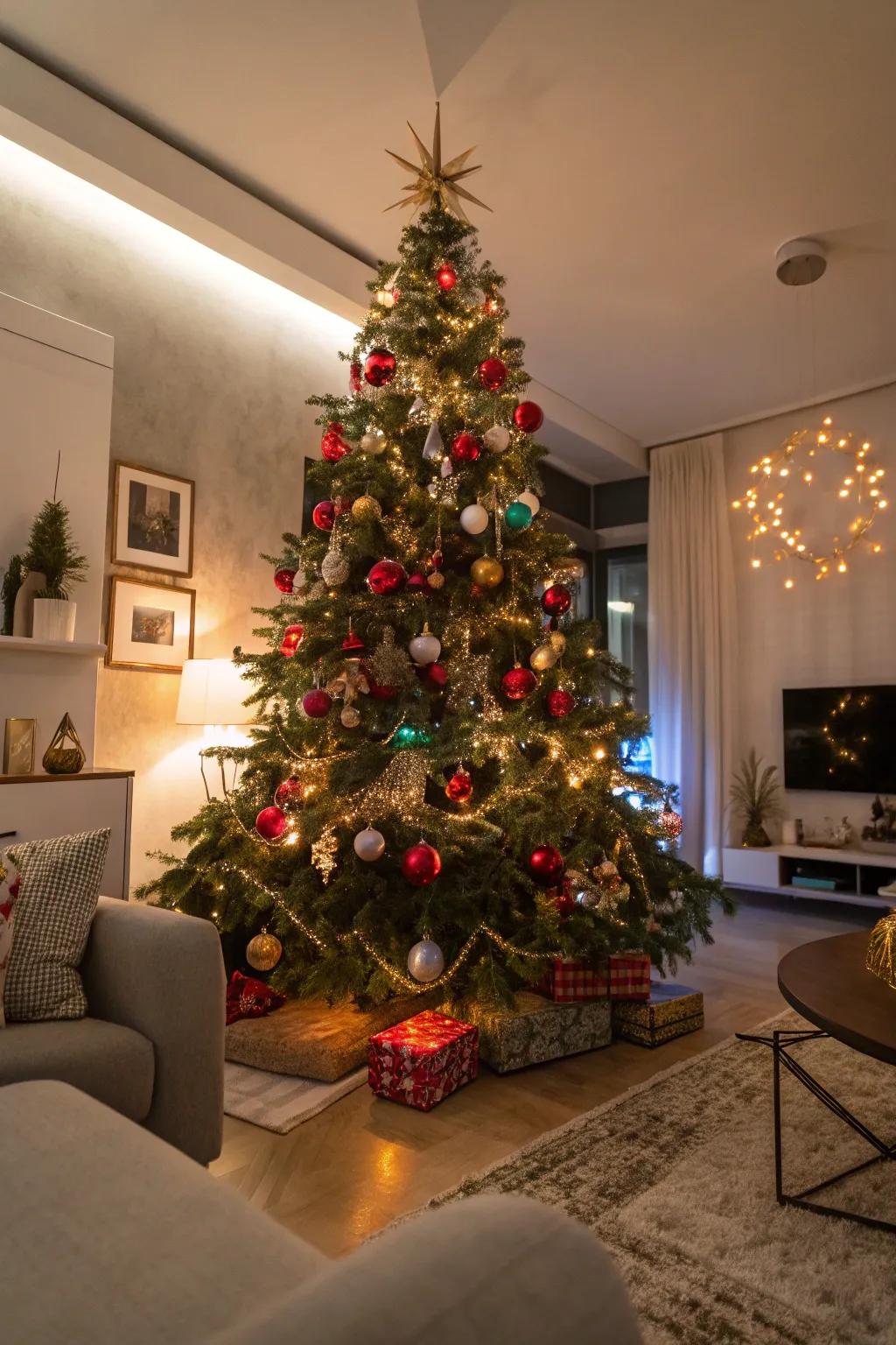 A unique Christmas tree embellished with diverse ornaments and colored illuminations, exhibiting artistic sophistication.