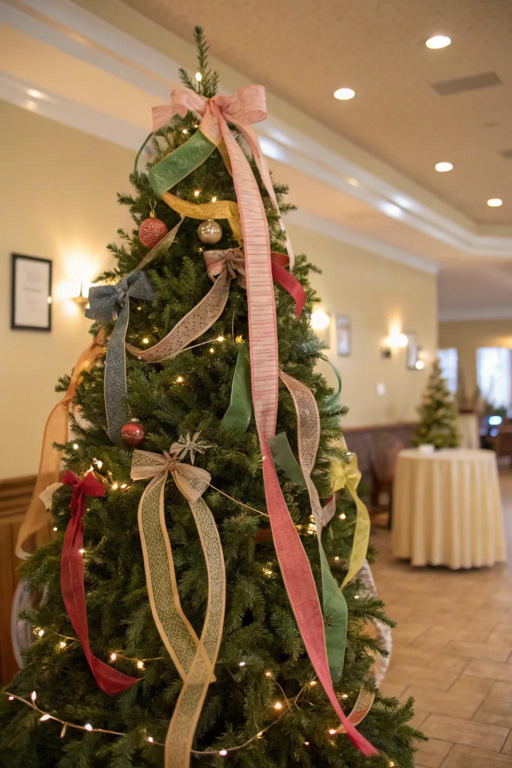 A Christmas tree with ribbons utilized as garlands, presenting a carefree and natural visual.