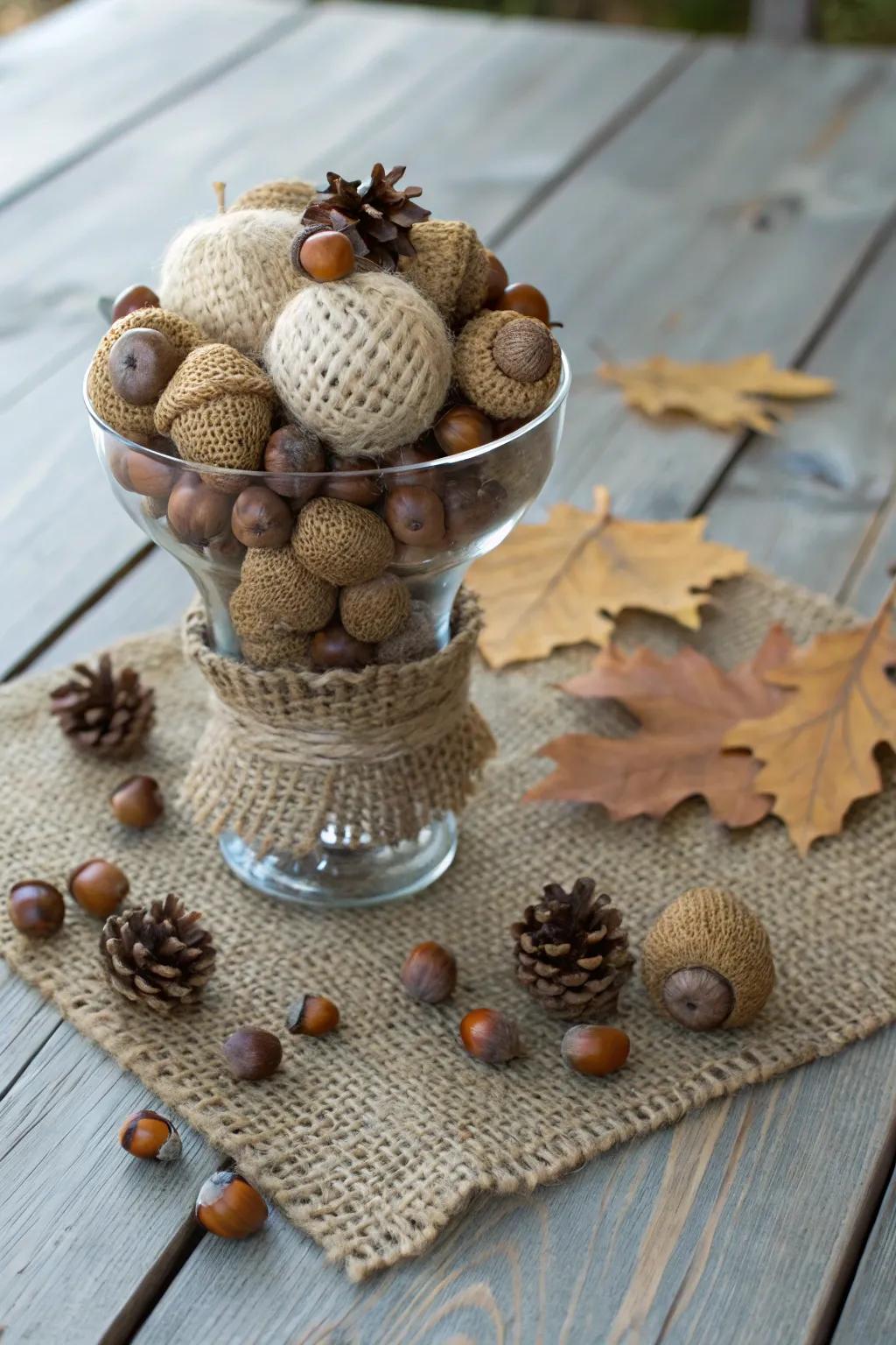 Woodland allure: acorn fruits and coarse cloth establish a countryside holiday display.
