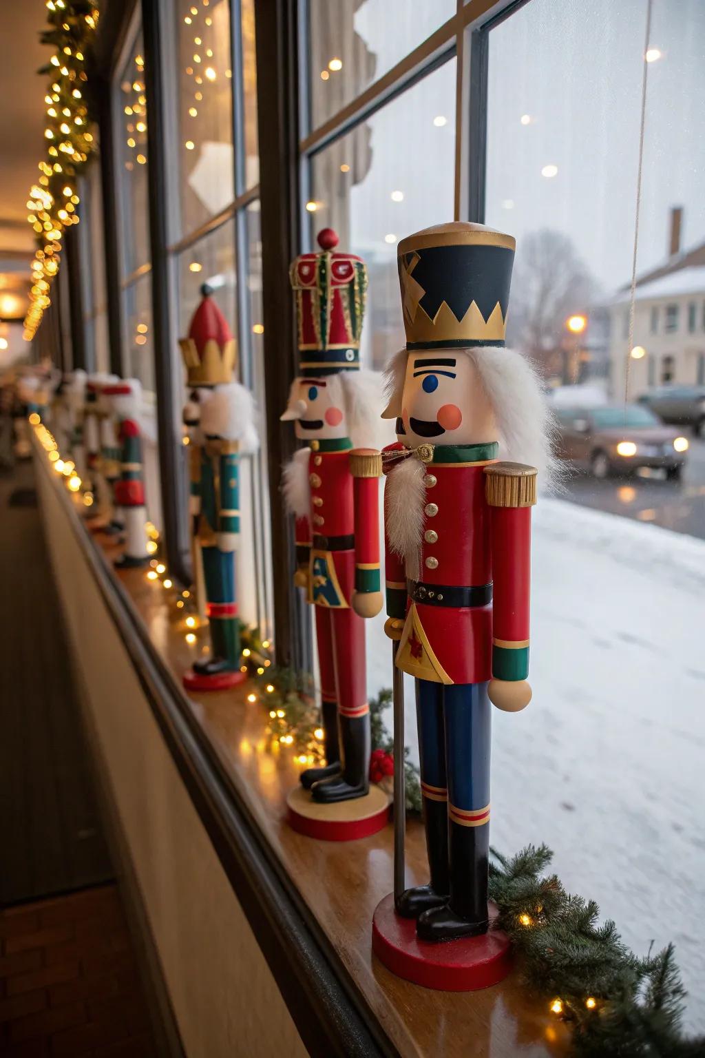 A procession of nutcracker effigies imparts whimsy and tradition.
