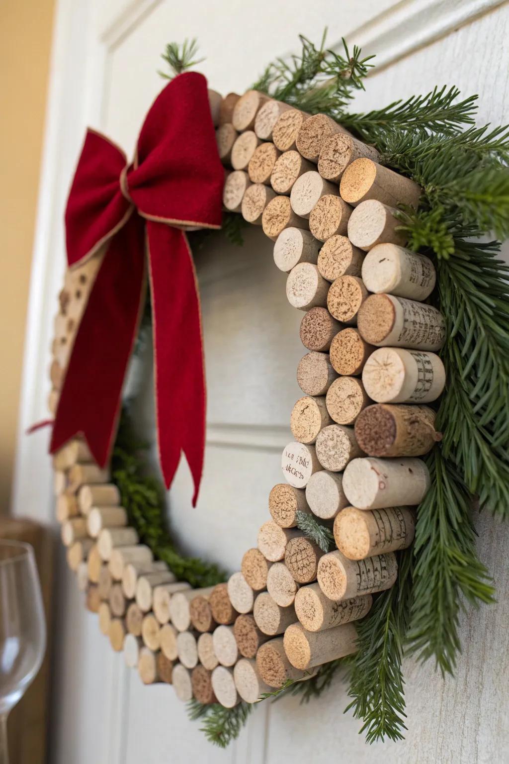 A unique wine cork wreath that imparts a rustic charm to any setting.