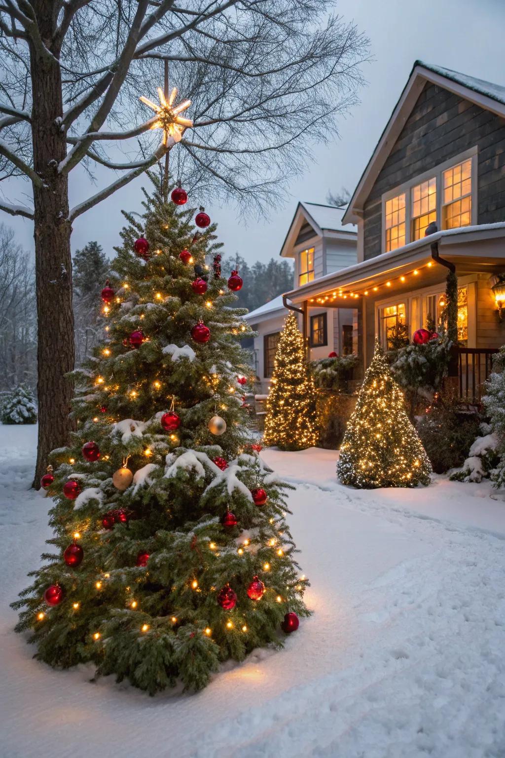 Exterior Yuletide trees decorated with trinkets.