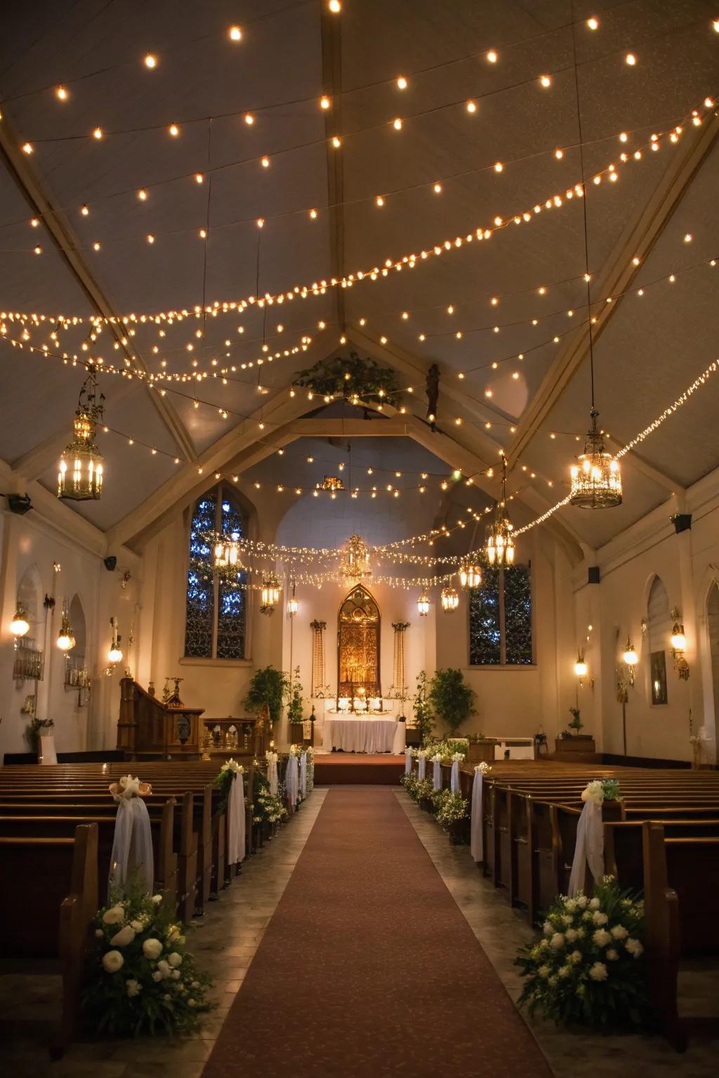 Special event lighting transforms the sanctuary for weddings.
