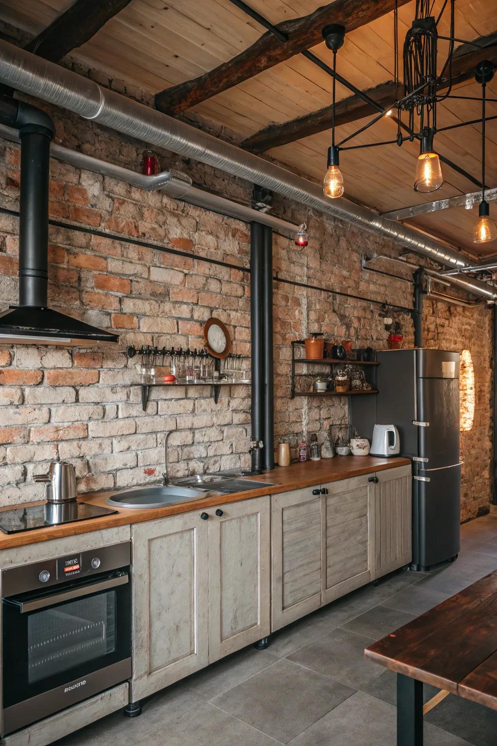 Vintage brick backsplash injects rustic charm to this kitchen.
