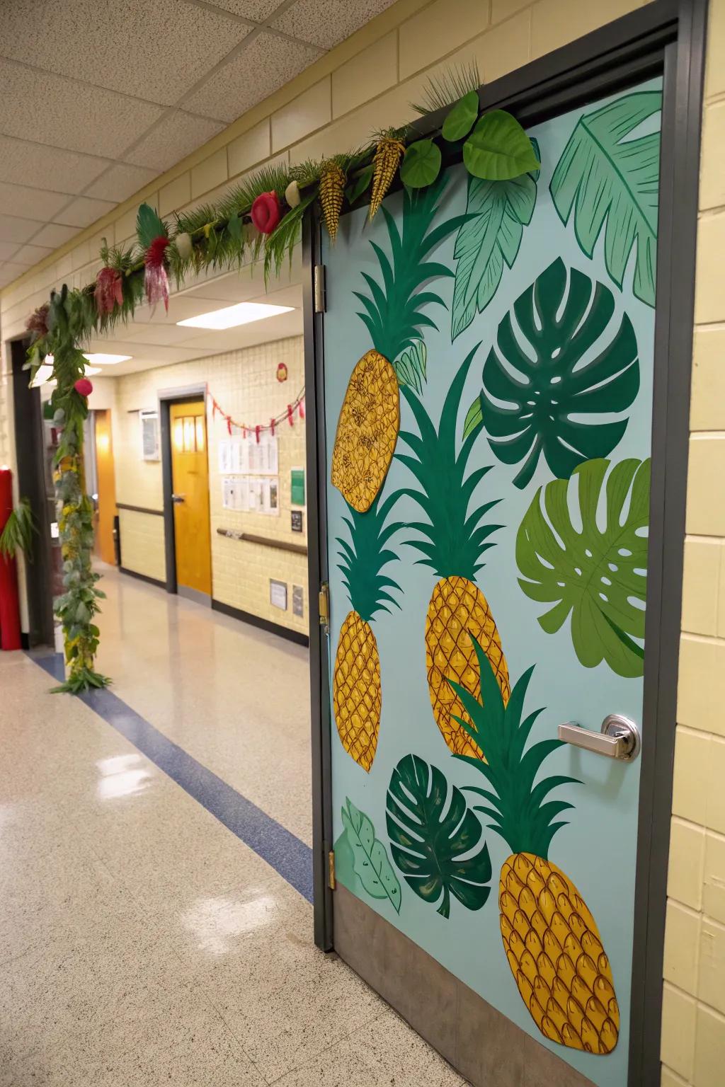 A pineapple-themed learning space doorway showcasing tropical accents.