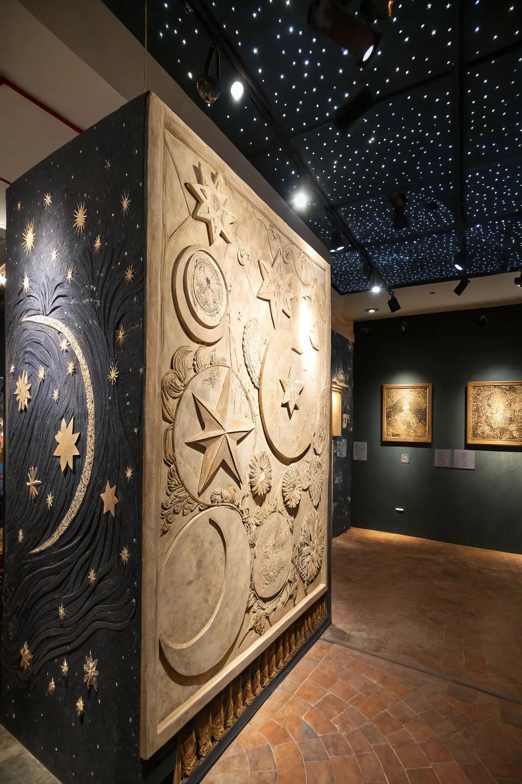 Outer space-inspired clay relief sculpture, capturing the enigma of the cosmos.