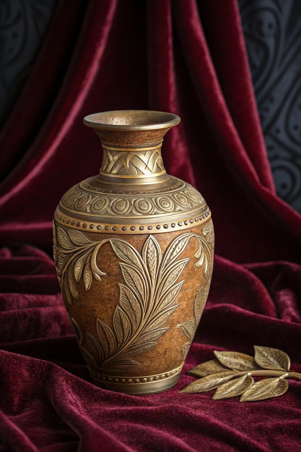 An earthenware flower holder with metallic embellishments adds a hint of charm.