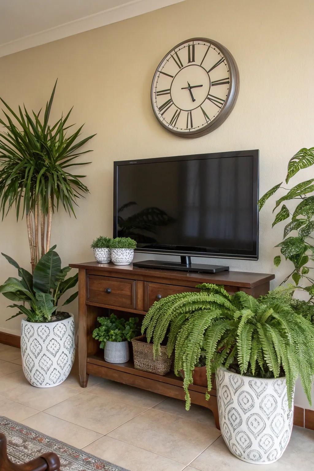 Indoor flora adds a refreshing touch to the television and clock setup.