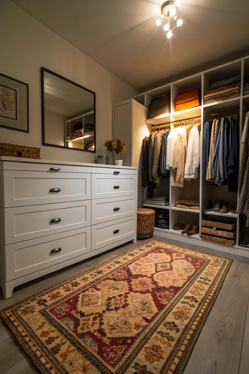 A comfortable rug incorporating warmth and a tailored impression.