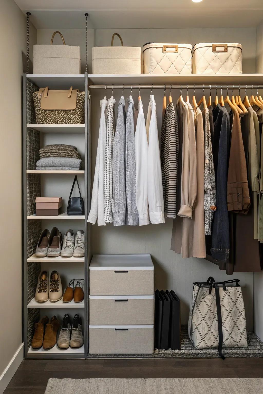 Suspension organizers enhance closet practicality and accessibility.
