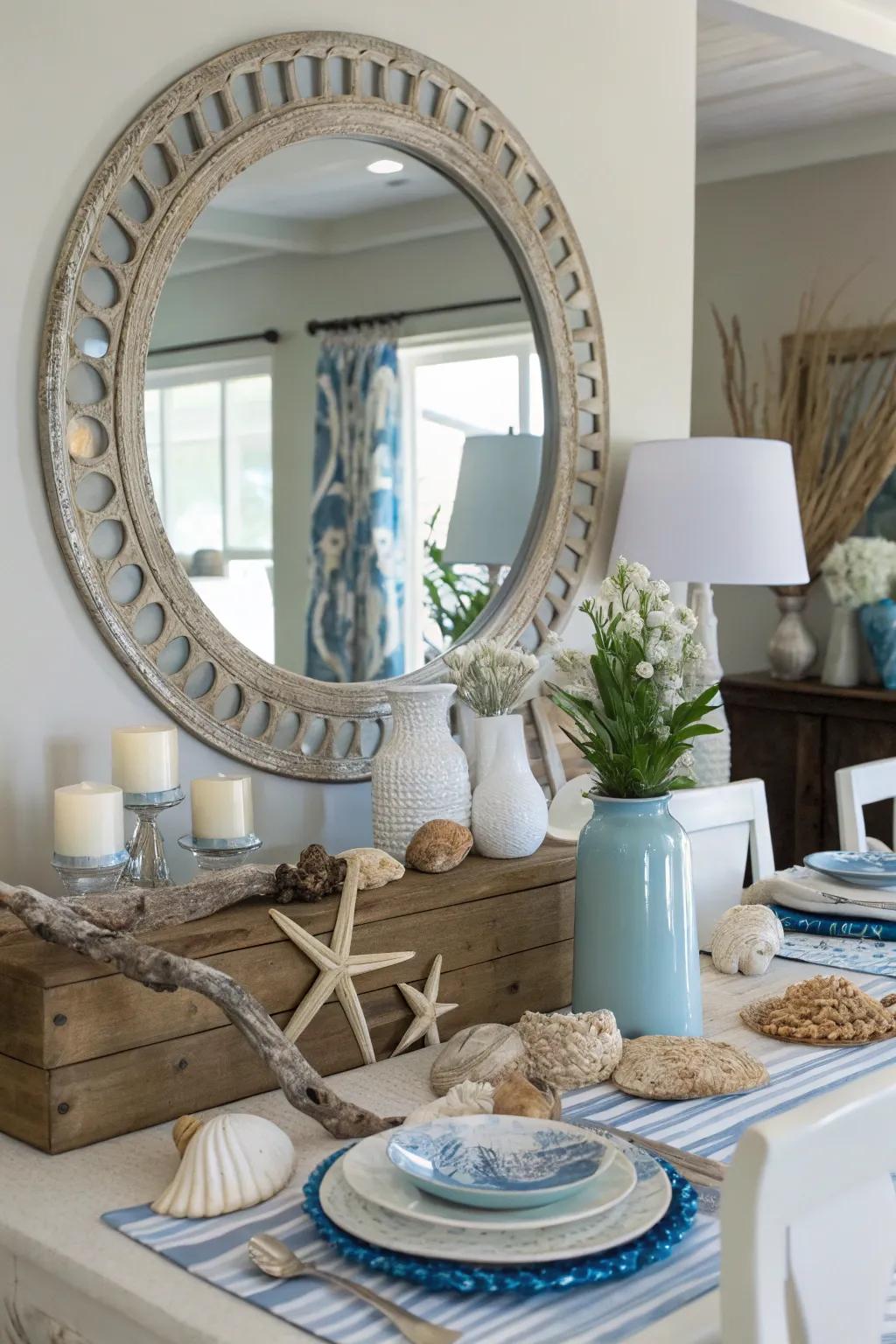 Mirrors add depth and amplify coastal elements.